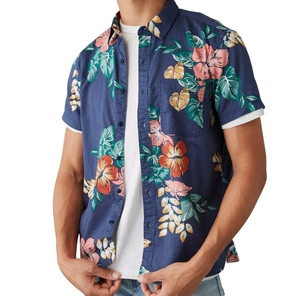 American Eagle Linen Blend Tropical Button-Up Resort Shirt Navy Blue Beachy XL